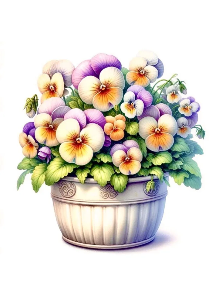 A Blue And White Teacup Filled With Pink Roses White Daisies And Other Colorful Flowers Against A White Background 38 F683