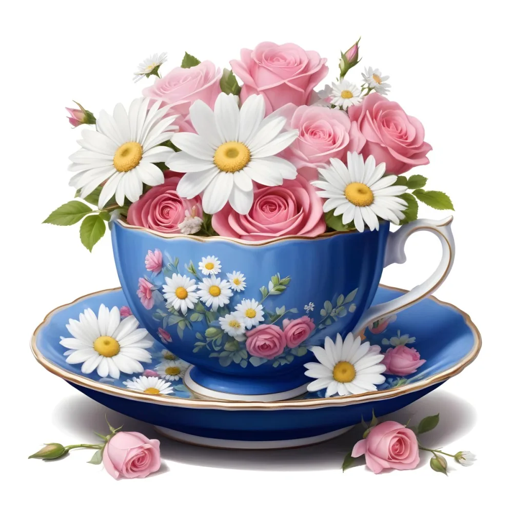 A Blue And White Teacup Filled With Pink Roses White Daisies And Other Colorful Flowers Against A White Background 4 55ea