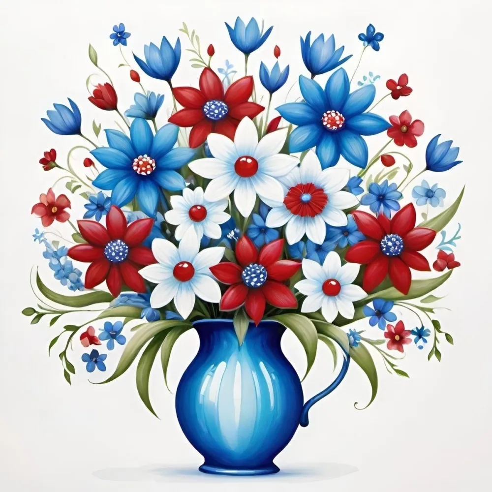 A Blue And White Teacup Filled With Pink Roses White Daisies And Other Colorful Flowers Against A White Background 40 5b9d
