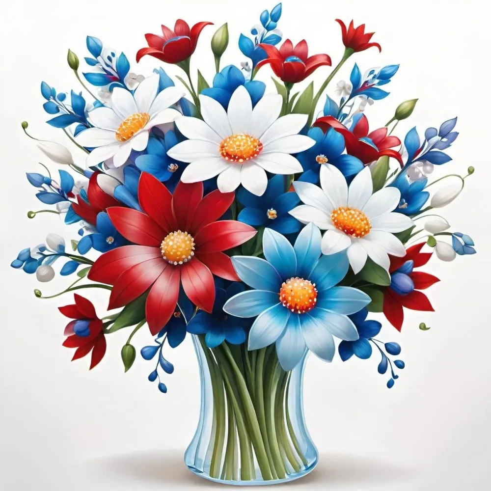 A Blue And White Teacup Filled With Pink Roses White Daisies And Other Colorful Flowers Against A White Background 41 B62d
