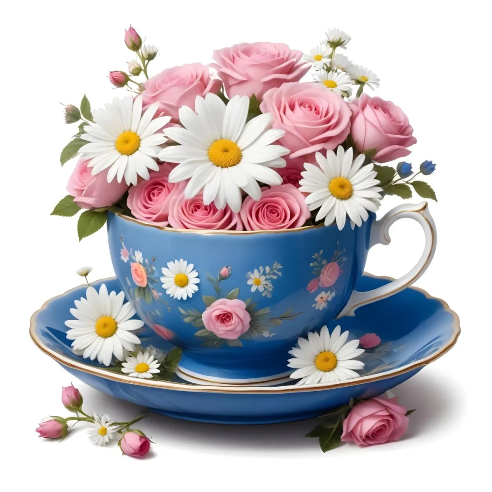 A Blue And White Teacup Filled With Pink Roses White Daisies And Other Colorful Flowers Against A White Background 6 4e9f