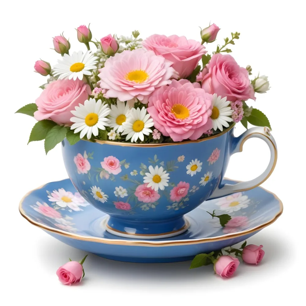 A Blue And White Teacup Filled With Pink Roses White Daisies And Other Colorful Flowers Against A White Background 8 0146