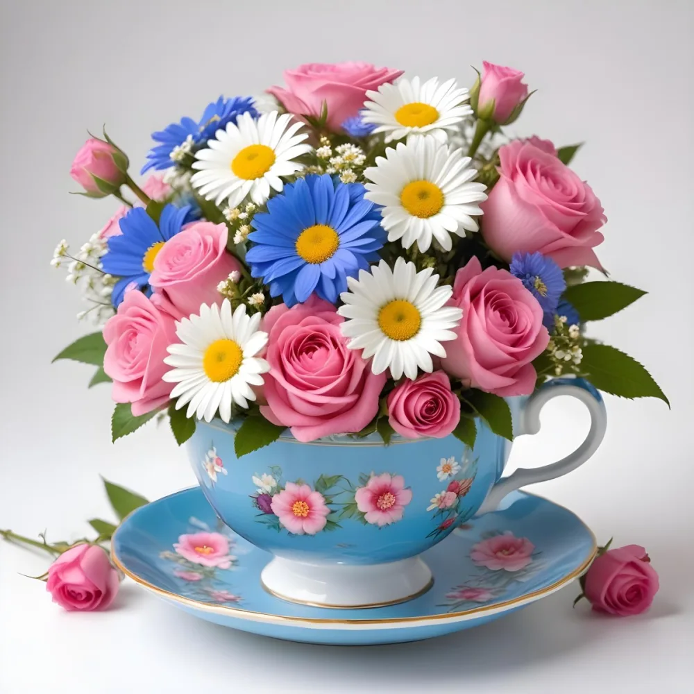 A Blue And White Teacup Filled With Pink Roses White Daisies And Other Colorful Flowers Against A White Background 9 73c5