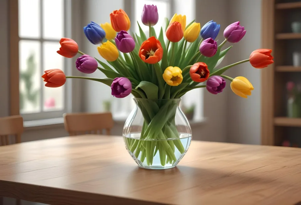 A Bouquet Of Colorful Tulips In A Glass Vase On A Wooden Table With A Blurred Background Of More Flowers 5 D233
