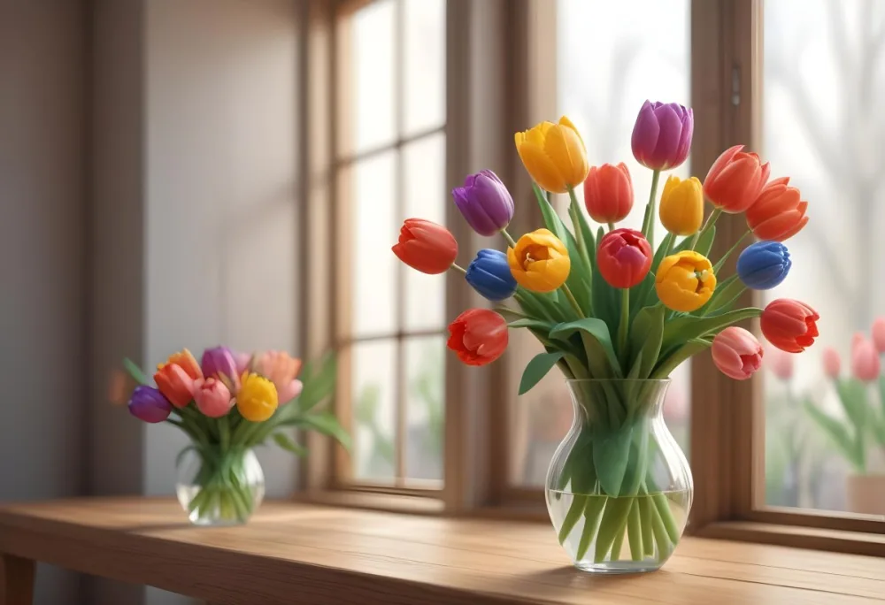 A Bouquet Of Colorful Tulips In A Glass Vase On A Wooden Table With A Blurred Background Of More Flowers 6 119c