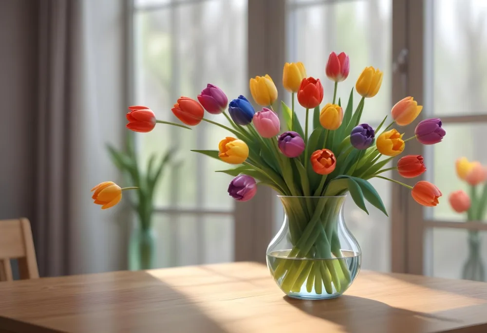 A Bouquet Of Colorful Tulips In A Glass Vase On A Wooden Table With A Blurred Background Of More Flowers 7 8b18