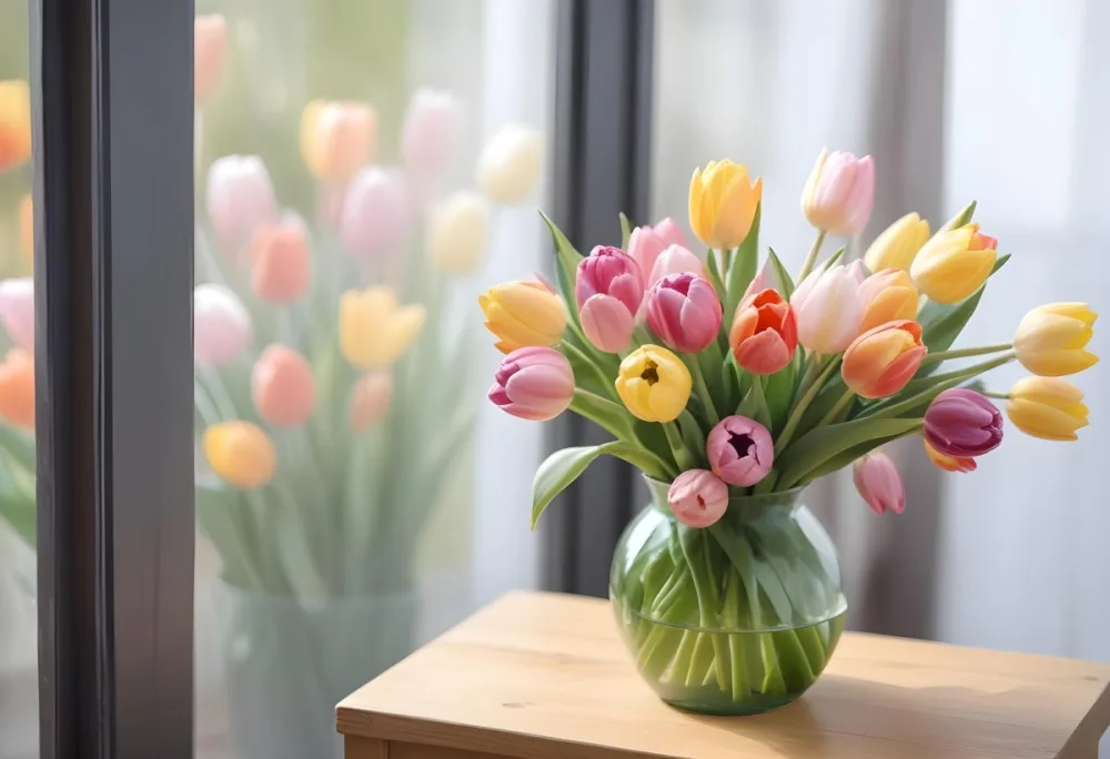 A Bouquet Of Colorful Tulips In A Glass Vase On A Wooden Table With A Blurred Background Of More Flowers 8 D64c