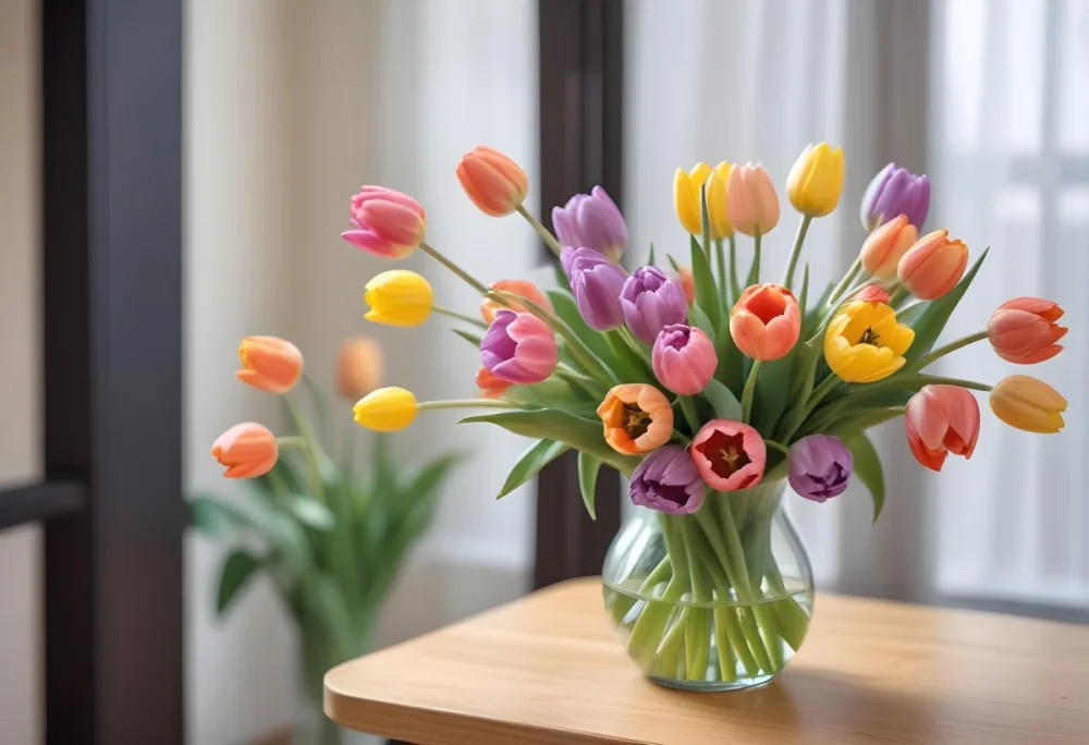 A Bouquet Of Colorful Tulips In A Glass Vase On A Wooden Table With A Blurred Background Of More Flowers 9 C3d7