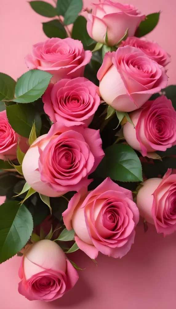 A Bouquet Of Vibrant Pink Roses With Green Leaves Against A Pink Background 5 153d