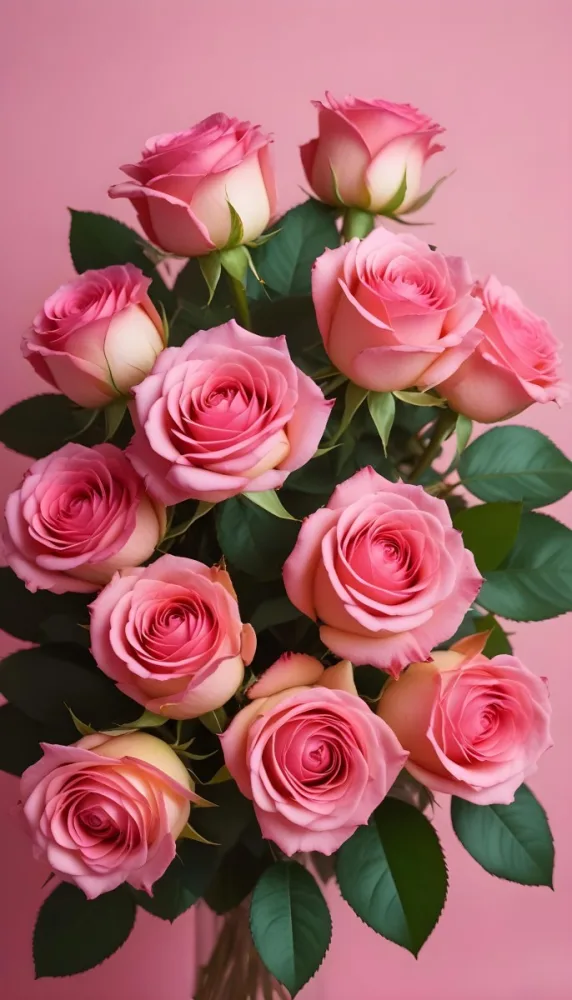 A Bouquet Of Vibrant Pink Roses With Green Leaves Against A Pink Background 7 0bd3