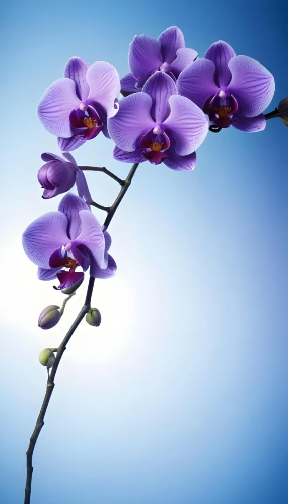 A Branch With Three Purple Orchid Flowers With Blue Details Purple Background 4 90bc