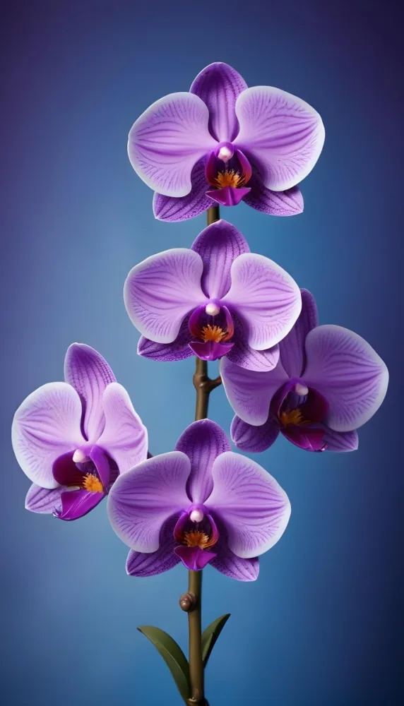 A Branch With Three Purple Orchid Flowers With Blue Details Purple Background 5 C039