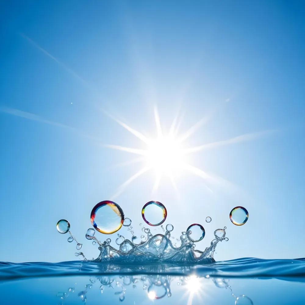 A Bright Sun Shining Through Soap Bubbles Against A Clear Blue Sky With Water Splashing And Droplets In The Foreground 4 7d55