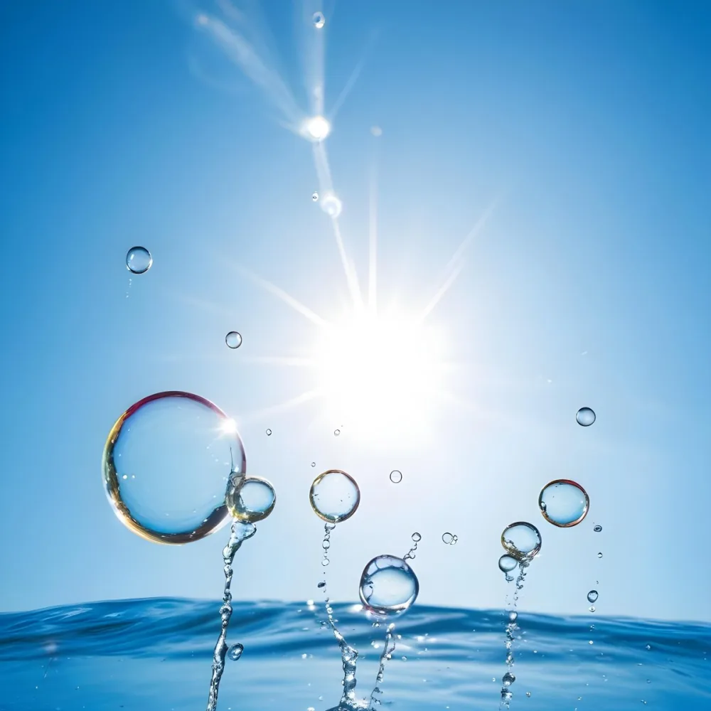 A Bright Sun Shining Through Soap Bubbles Against A Clear Blue Sky With Water Splashing And Droplets In The Foreground 5 C2a7