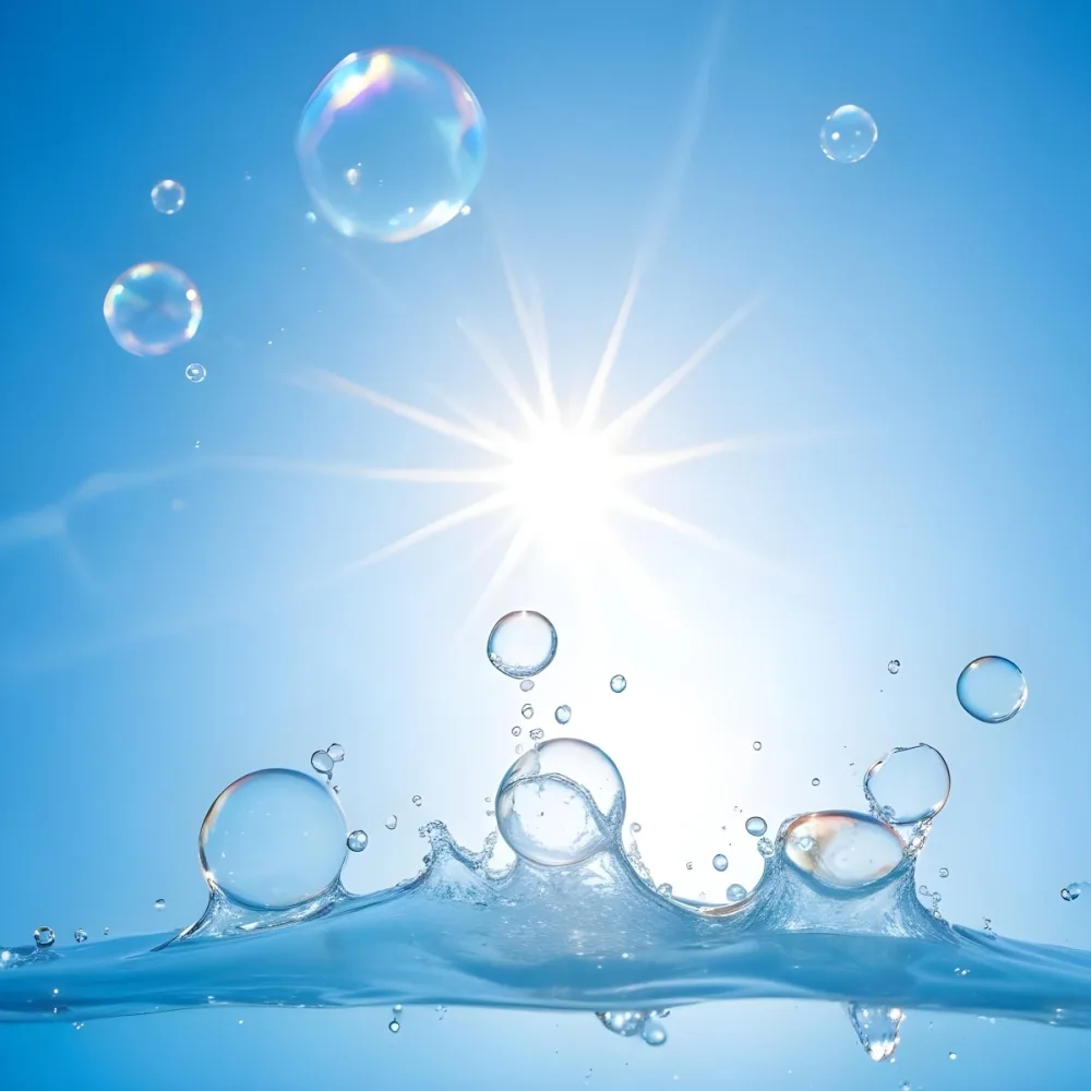 A Bright Sun Shining Through Soap Bubbles Against A Clear Blue Sky With Water Splashing And Droplets In The Foreground 6 37fe