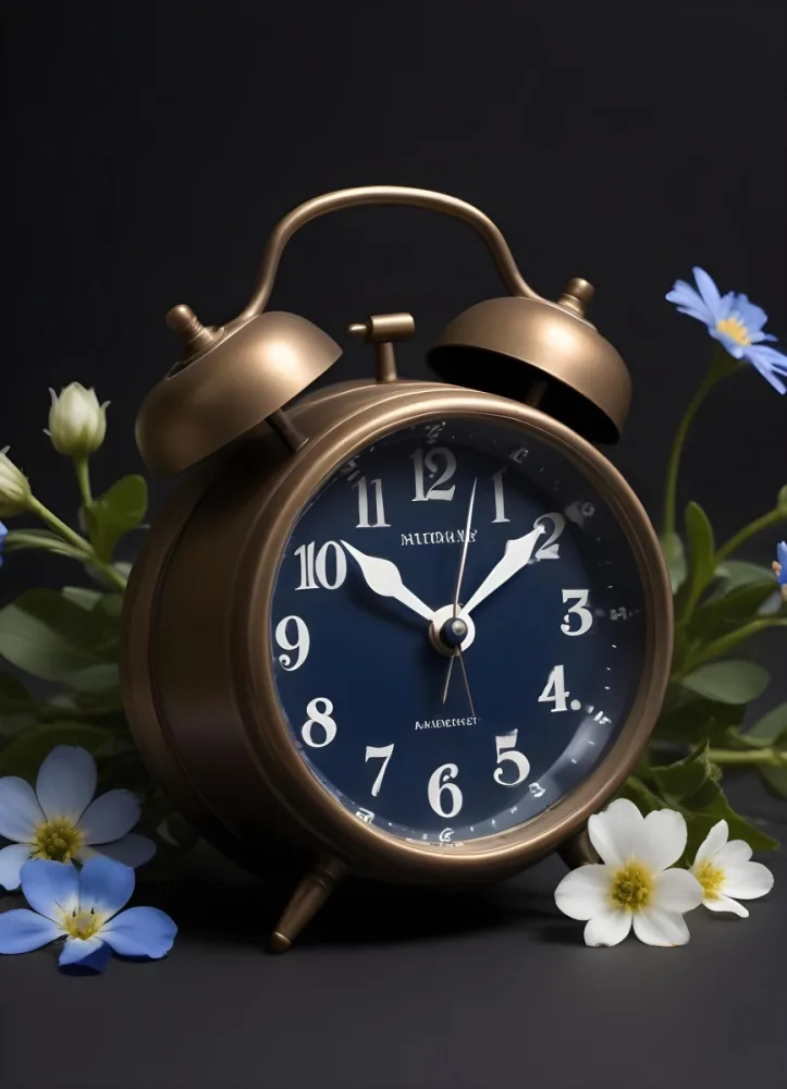 A Bronze Alarm Clock With A Black Face And White Numbers Accompanied By Small Blue Flowers Set Against A Black Background 6 2c1b