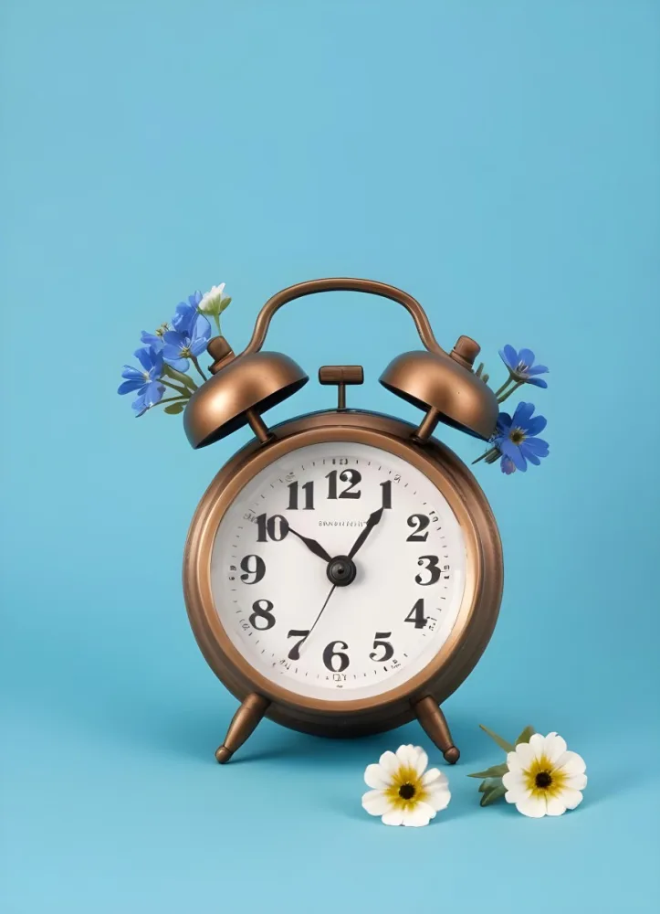 A Bronze Alarm Clock With A Black Face And White Numbers Accompanied By Small Blue Flowers Set Against A Black Background 7 Efed