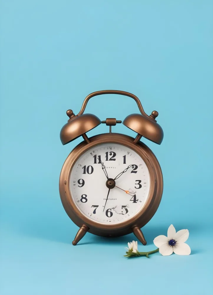 A Bronze Alarm Clock With A Black Face And White Numbers Accompanied By Small Blue Flowers Set Against A Black Background 9 Dee5