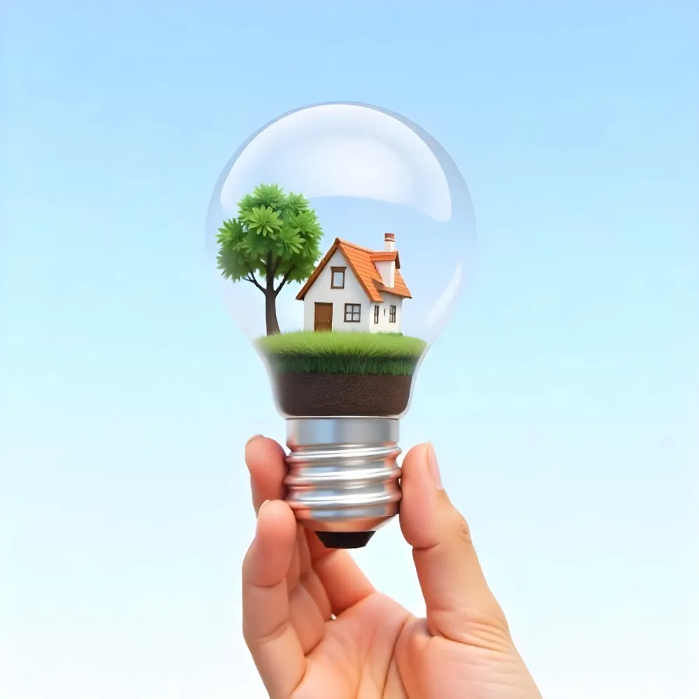 A Brown Hand Holding A Light Bulb With A Tree A House And Grass Inside The Background Is A Light Blue Sky 5 2c5a