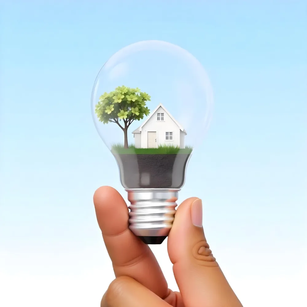 A Brown Hand Holding A Light Bulb With A Tree A House And Grass Inside The Background Is A Light Blue Sky 8 099f