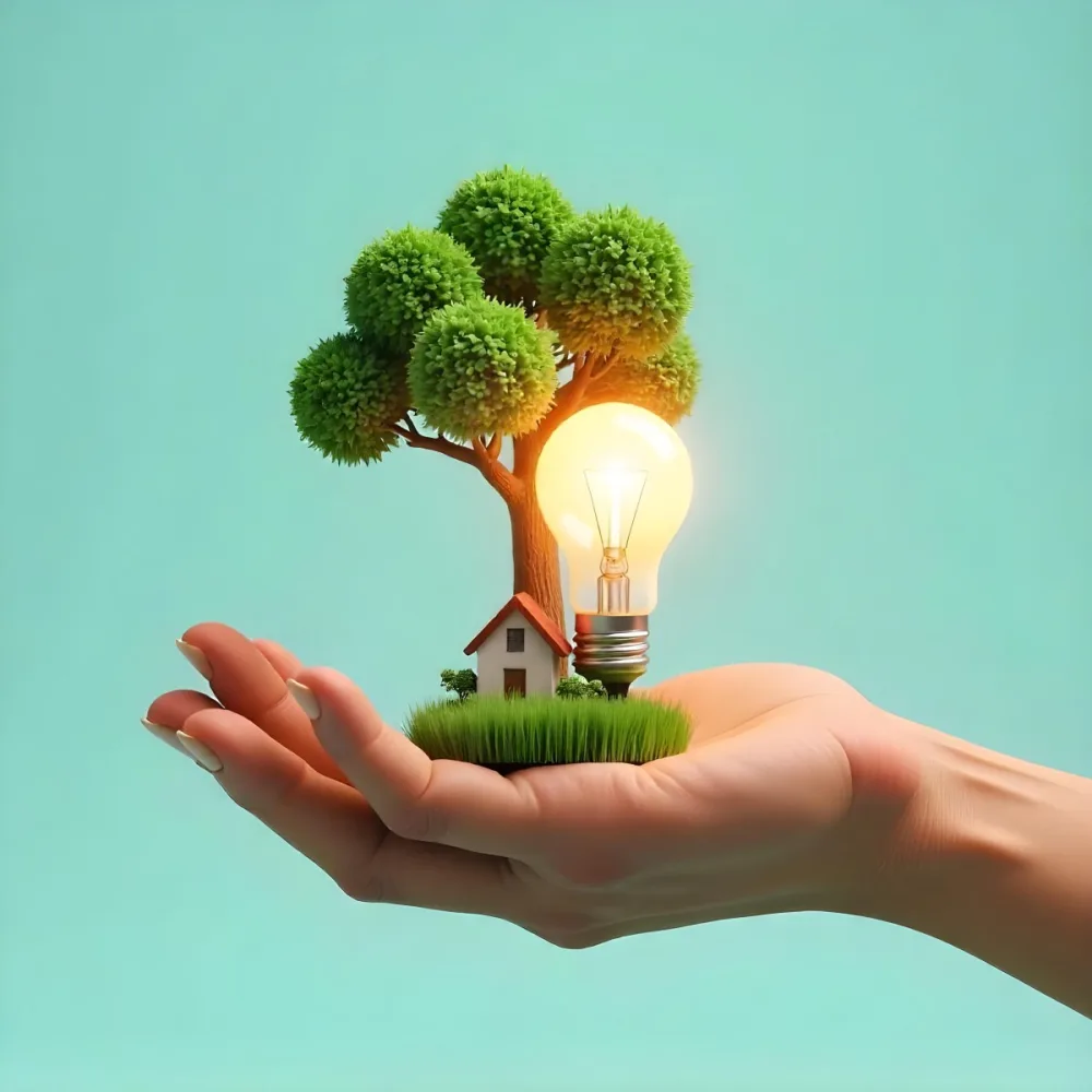 A Brown Hand Holding A Light Bulb With A Tree A House And Grass Inside The Background Is A Light Blue Sky 9 84f1