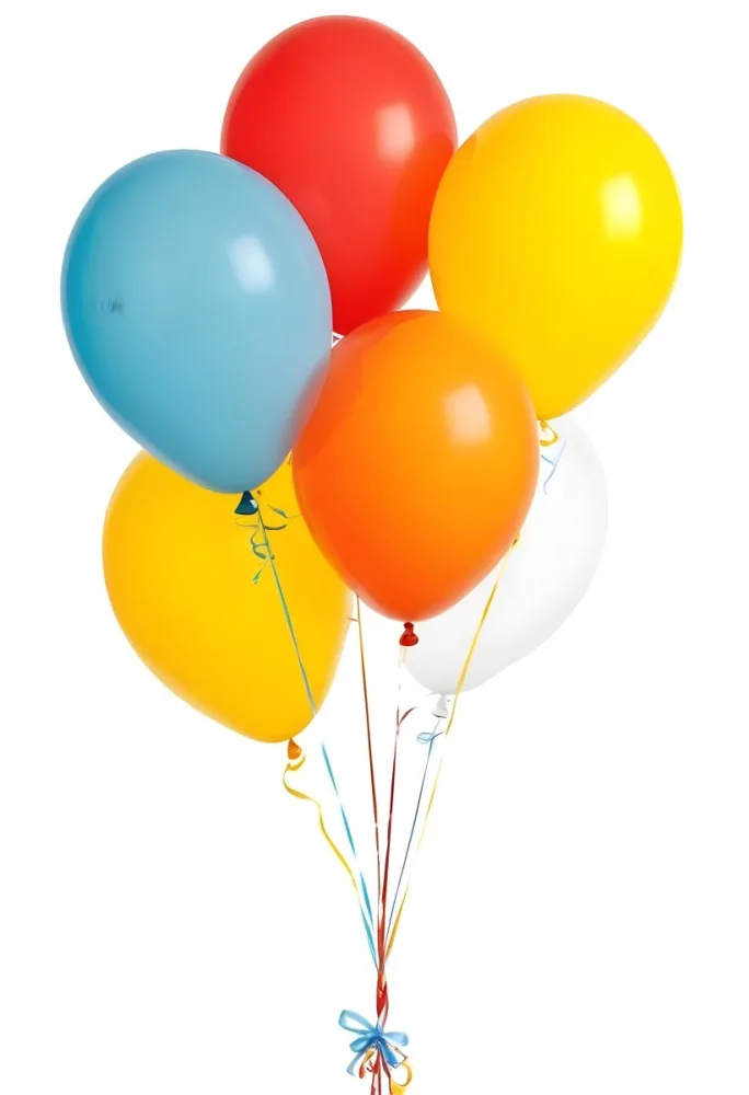 A Bunch Of Seven Balloons Of Different Colors Blue Red Yellow Orange And White With Ribbons On A White Background 10 3bd5