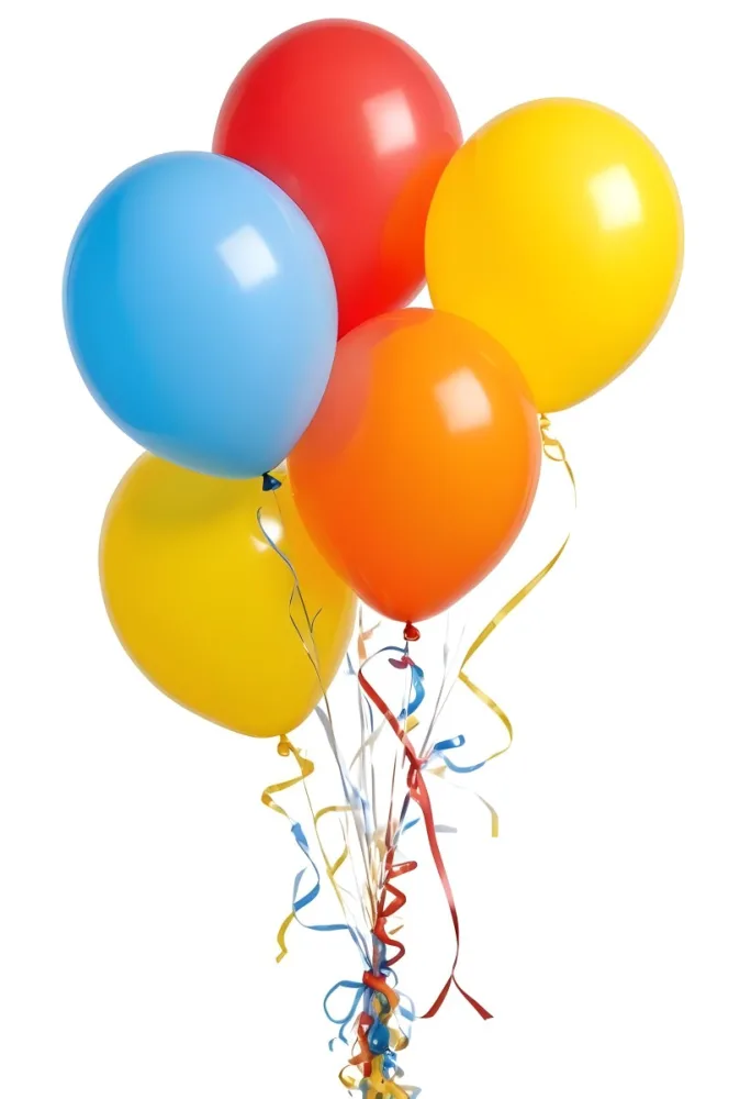 A Bunch Of Seven Balloons Of Different Colors Blue Red Yellow Orange And White With Ribbons On A White Background 14 C326
