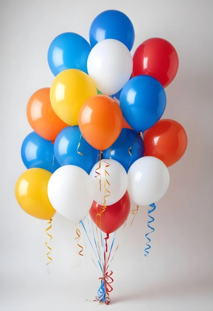 A Bunch Of Seven Balloons Of Different Colors Blue Red Yellow Orange And White With Ribbons On A White Background 18 6839