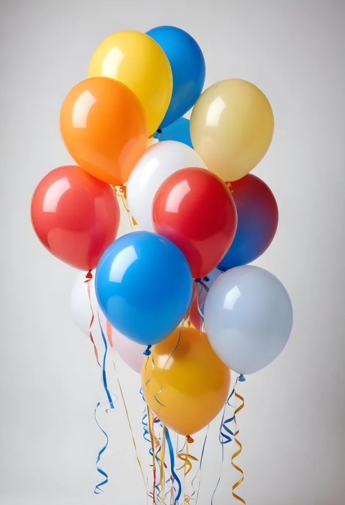 A Bunch Of Seven Balloons Of Different Colors Blue Red Yellow Orange And White With Ribbons On A White Background 25 390c