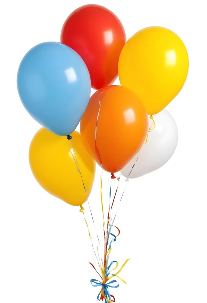 A Bunch Of Seven Balloons Of Different Colors Blue Red Yellow Orange And White With Ribbons On A White Background 27 7323