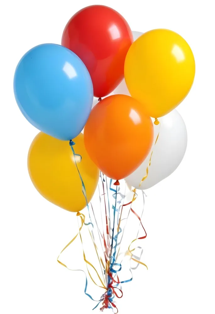 A Bunch Of Seven Balloons Of Different Colors Blue Red Yellow Orange And White With Ribbons On A White Background 28 Da66