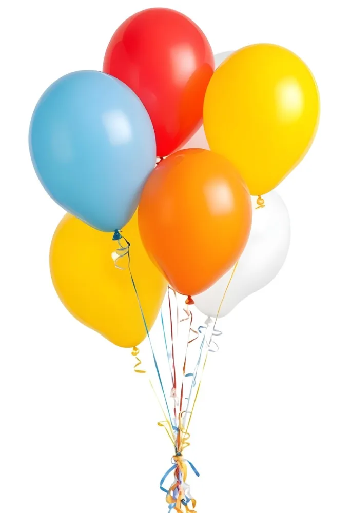 A Bunch Of Seven Balloons Of Different Colors Blue Red Yellow Orange And White With Ribbons On A White Background 29 Ae7d