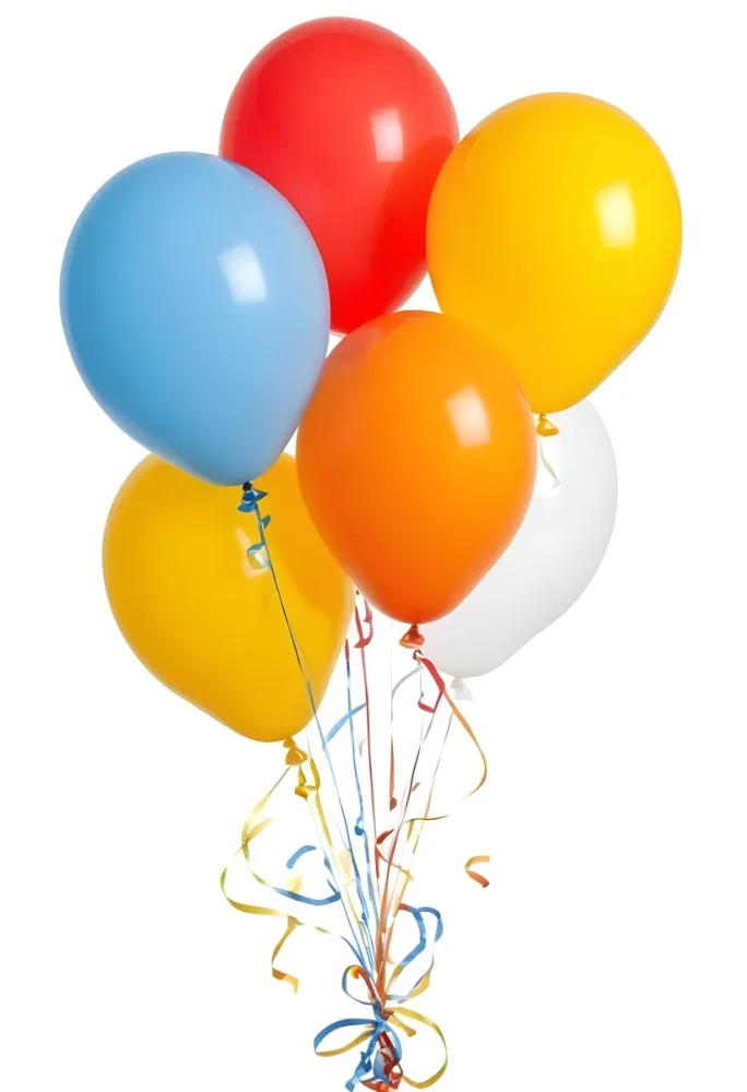 A Bunch Of Seven Balloons Of Different Colors Blue Red Yellow Orange And White With Ribbons On A White Background 30 25b9