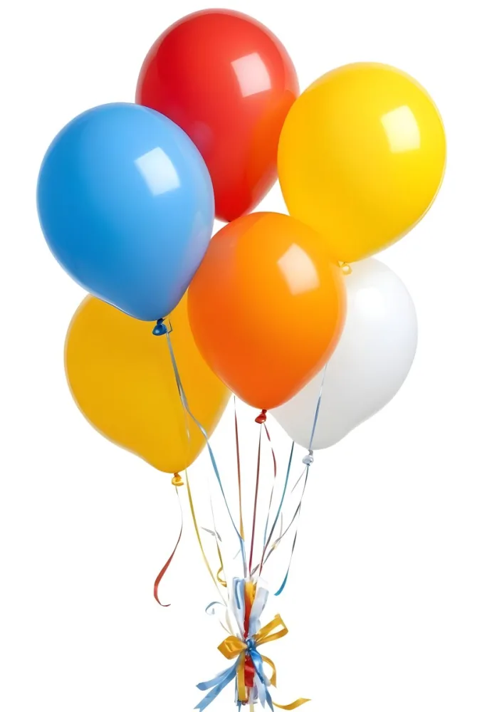 A Bunch Of Seven Balloons Of Different Colors Blue Red Yellow Orange And White With Ribbons On A White Background 31 5130