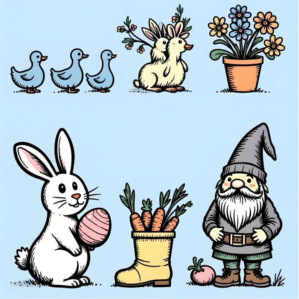 A Bunny With An Easter Egg Three Blue Ducks Flowers In A Yellow Boot A Gnome With A Carrot And A Basket With Vegetables In A Blue Sky 43 5478