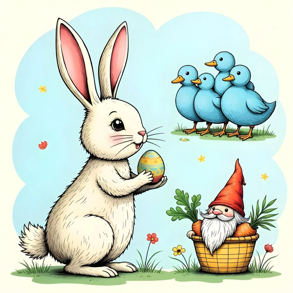 A Bunny With An Easter Egg Three Blue Ducks Flowers In A Yellow Boot A Gnome With A Carrot And A Basket With Vegetables In A Blue Sky 47 6936