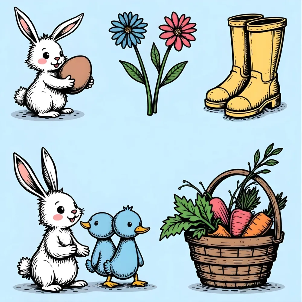 A Bunny With An Easter Egg Three Blue Ducks Flowers In A Yellow Boot A Gnome With A Carrot And A Basket With Vegetables In A Blue Sky 51 1043