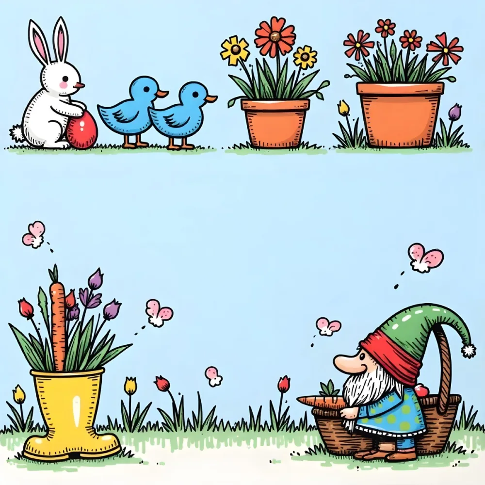 A Bunny With An Easter Egg Three Blue Ducks Flowers In A Yellow Boot A Gnome With A Carrot And A Basket With Vegetables In A Blue Sky 53 A1bb