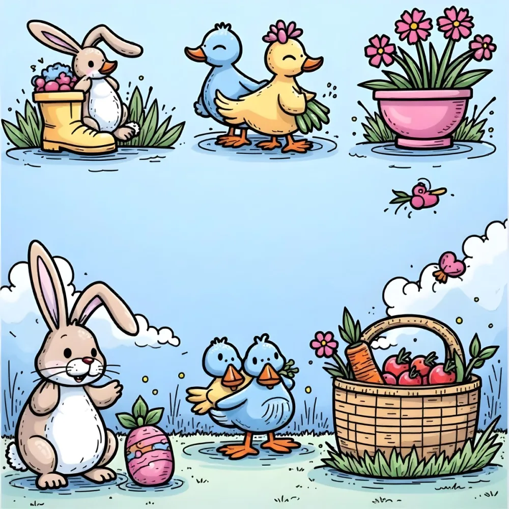 A Bunny With An Easter Egg Three Blue Ducks Flowers In A Yellow Boot A Gnome With A Carrot And A Basket With Vegetables In A Blue Sky 57 A1e8