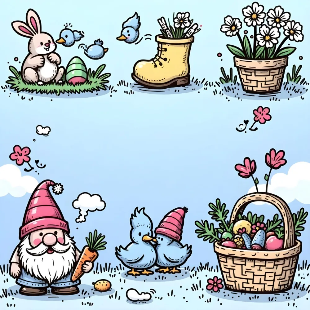 A Bunny With An Easter Egg Three Blue Ducks Flowers In A Yellow Boot A Gnome With A Carrot And A Basket With Vegetables In A Blue Sky 61 C008