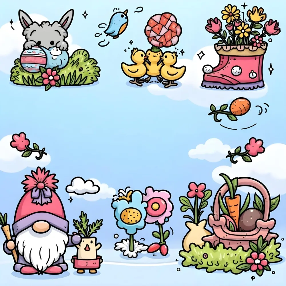 A Bunny With An Easter Egg Three Blue Ducks Flowers In A Yellow Boot A Gnome With A Carrot And A Basket With Vegetables In A Blue Sky 64 180d