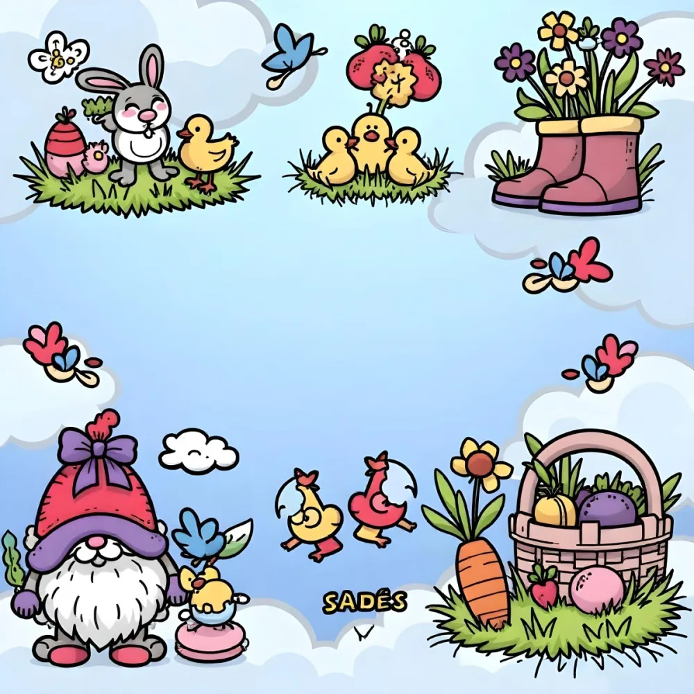 A Bunny With An Easter Egg Three Blue Ducks Flowers In A Yellow Boot A Gnome With A Carrot And A Basket With Vegetables In A Blue Sky 72 D474