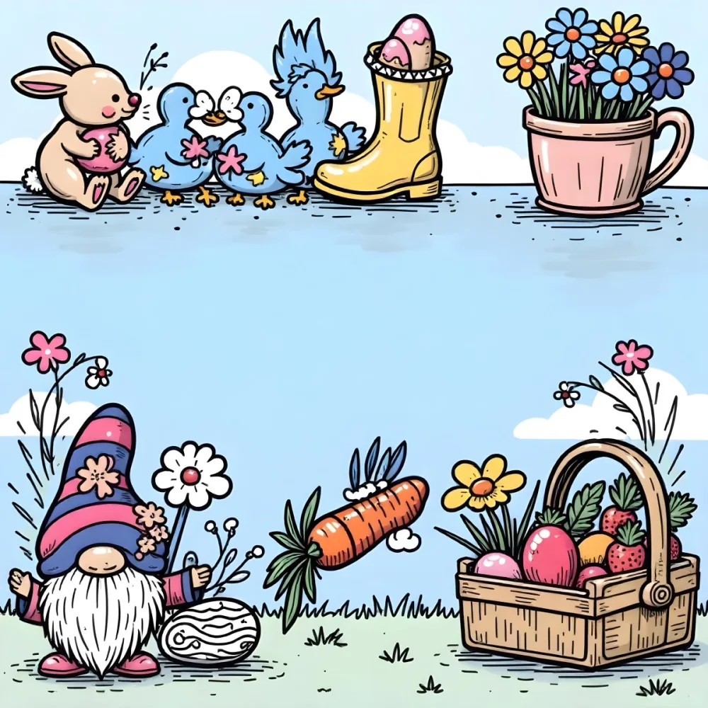 A Bunny With An Easter Egg Three Blue Ducks Flowers In A Yellow Boot A Gnome With A Carrot And A Basket With Vegetables In A Blue Sky 73 D788