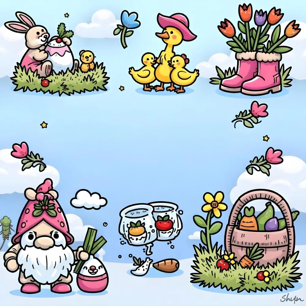 A Bunny With An Easter Egg Three Blue Ducks Flowers In A Yellow Boot A Gnome With A Carrot And A Basket With Vegetables In A Blue Sky 74 B637