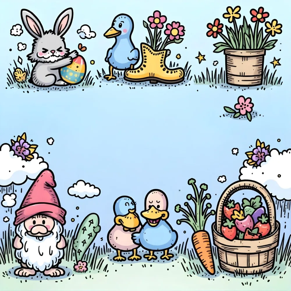 A Bunny With An Easter Egg Three Blue Ducks Flowers In A Yellow Boot A Gnome With A Carrot And A Basket With Vegetables In A Blue Sky 76 32db