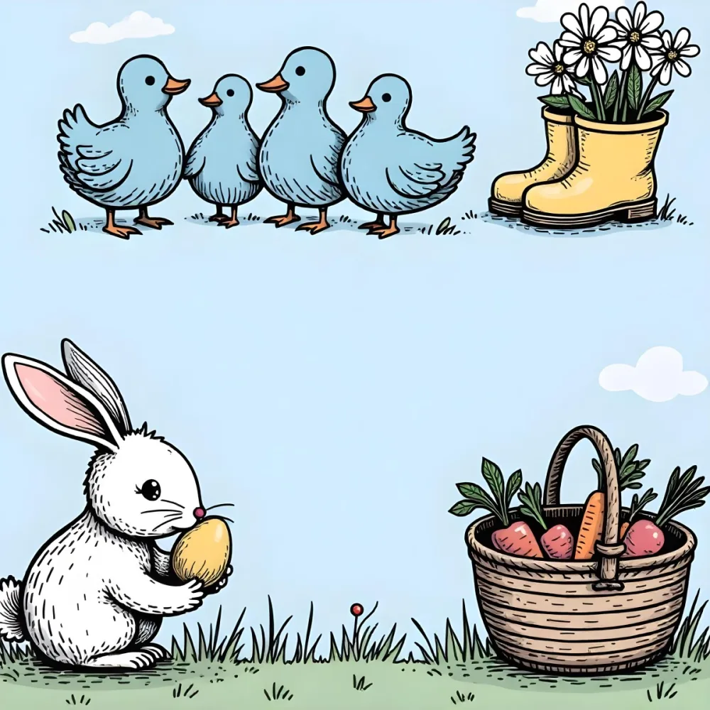A Bunny With An Easter Egg Three Blue Ducks Flowers In A Yellow Boot A Gnome With A Carrot And A Basket With Vegetables In A Blue Sky 77 8fc2