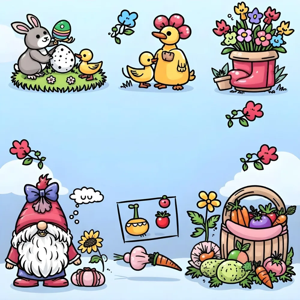 A Bunny With An Easter Egg Three Blue Ducks Flowers In A Yellow Boot A Gnome With A Carrot And A Basket With Vegetables In A Blue Sky 78 01b7