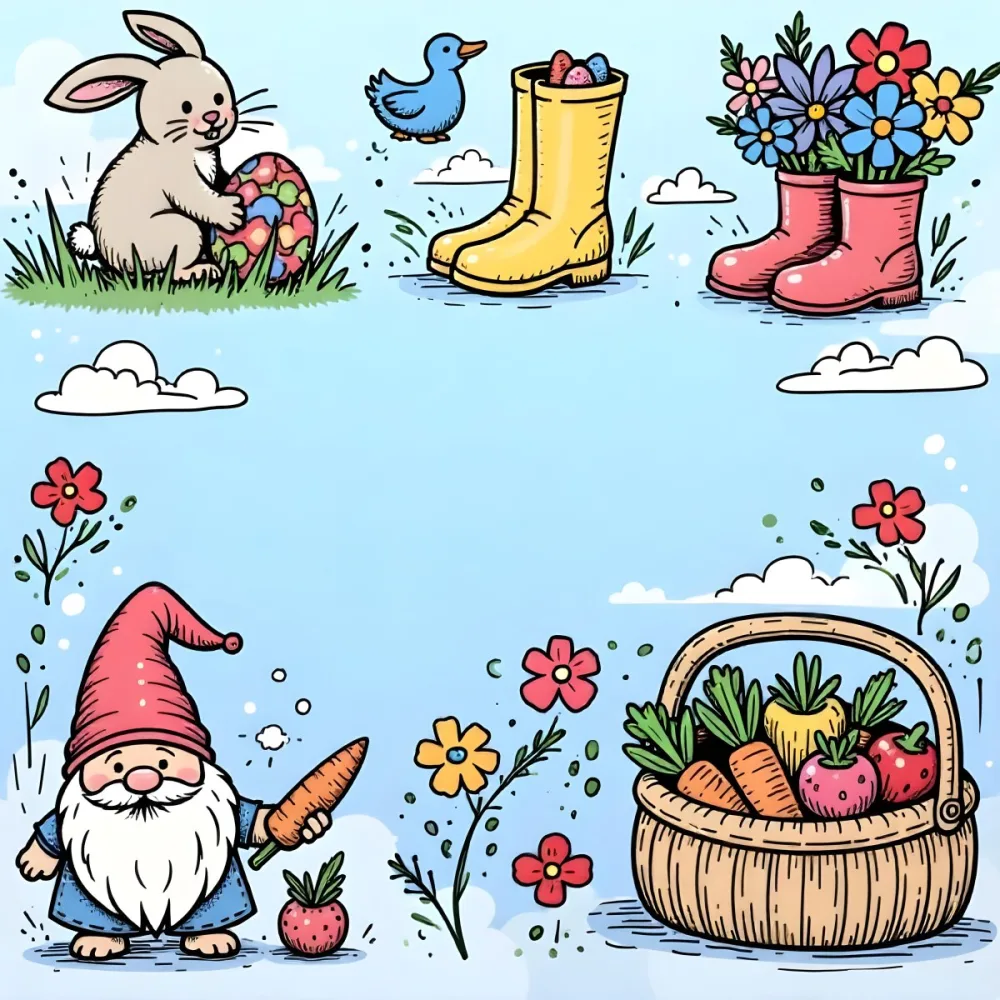 A Bunny With An Easter Egg Three Blue Ducks Flowers In A Yellow Boot A Gnome With A Carrot And A Basket With Vegetables In A Blue Sky 79 6e12