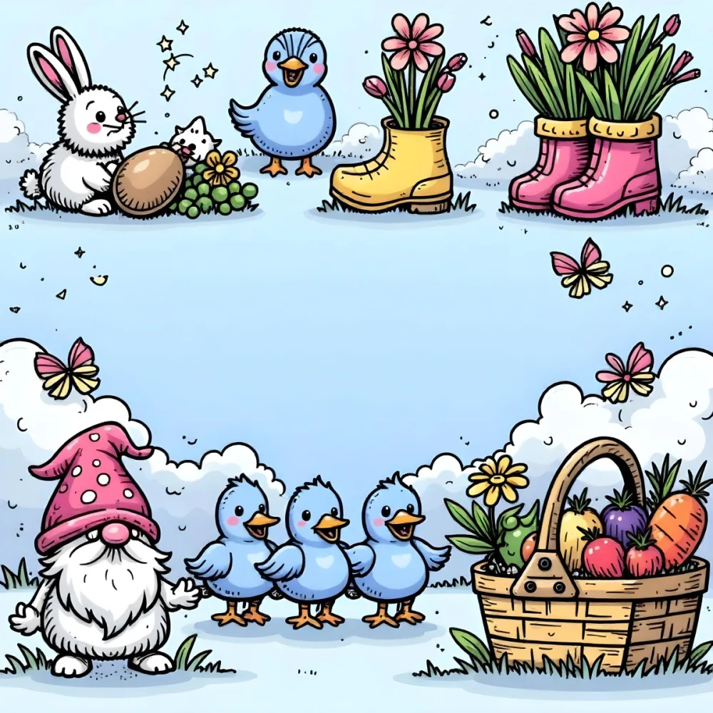 A Bunny With An Easter Egg Three Blue Ducks Flowers In A Yellow Boot A Gnome With A Carrot And A Basket With Vegetables In A Blue Sky 80 1242