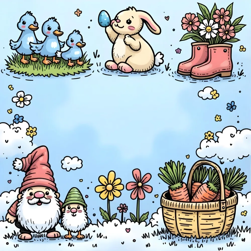 A Bunny With An Easter Egg Three Blue Ducks Flowers In A Yellow Boot A Gnome With A Carrot And A Basket With Vegetables In A Blue Sky 82 Def5